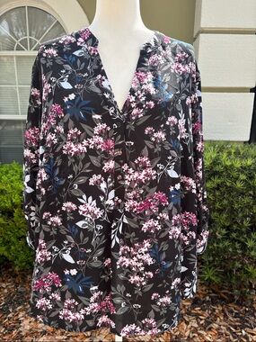 Ivanka Trump Floral V-Neck Blouse with Pink & Blue Blooms